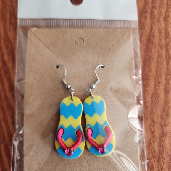Yellow and Blue Flip Flop Stainless Steel Fishhook Earrings - Picture 3 of 5
